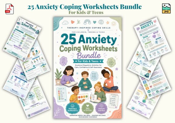 25 Anxiety Coping Worksheets Bundle for Kids and Teens